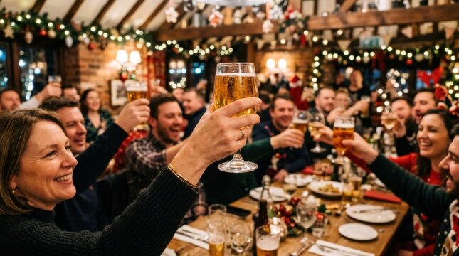 Friends celebrating Christmas party with beer toast in cozy pub decorated with festive lights and garlands