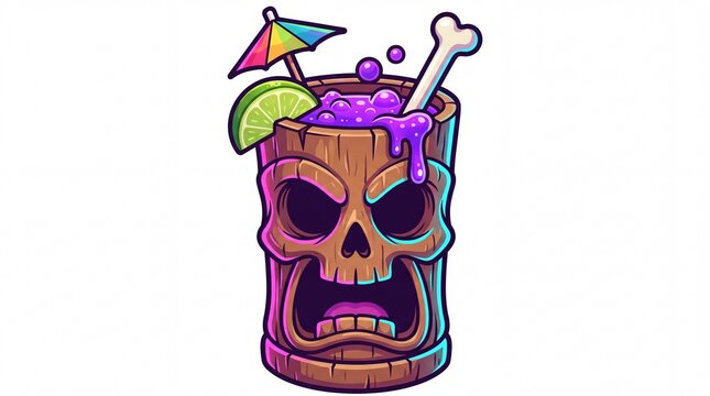 Tiki mug screaming skull illustration with neon purple drink and bone straw