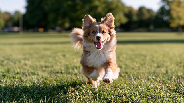 Energetic Pet Sprinting Over Green Lawn in Warm Afternoon Light