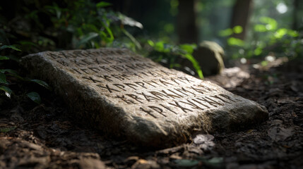 Fototapeta premium An ancient stone tablet with weathered inscriptions lies on the forest floor, bathed in dappled sunlight. Its weathered surface and cryptic symbols hint at a forgotten history and ancient mystery.