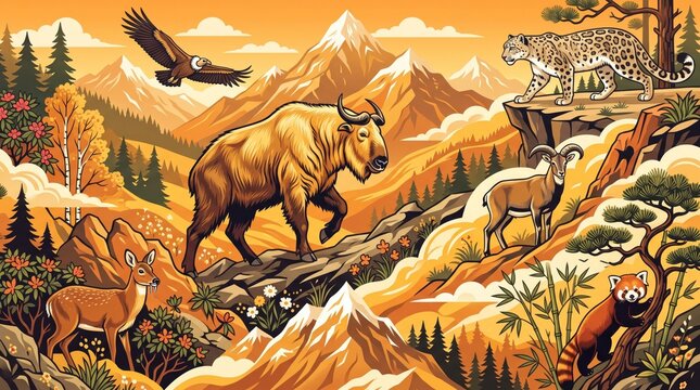 Bhutan patterns illustration showing himalayan mountain wildlife including takin and snow leopard with bhutanese himalayan mountain