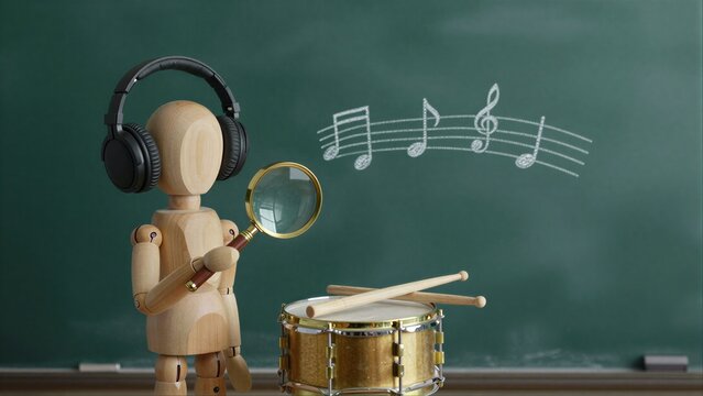 Wooden figure with headphones and magnifier examines drum, music notes float above chalkboard.