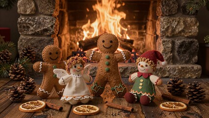 Fototapeta premium Cozy Christmas scene with gingerbread figures, angel, and elf by fireplace.