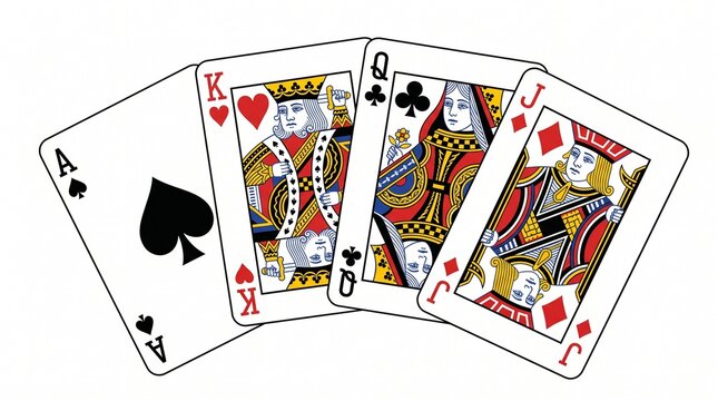 Playing cards fanned out with colorful traditional suit symbols displayed.