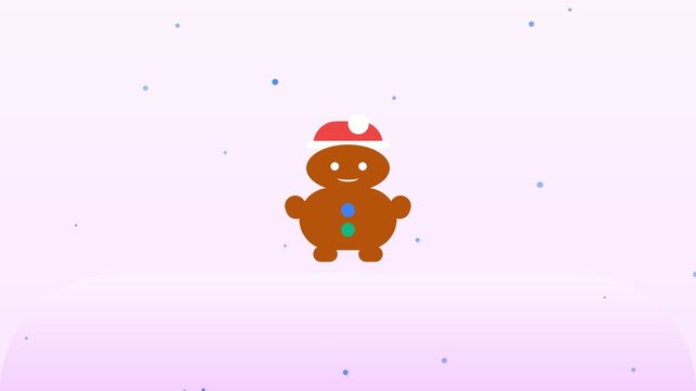 Animated Gingerbread Man Character Dancing on a Soft Pink Background.