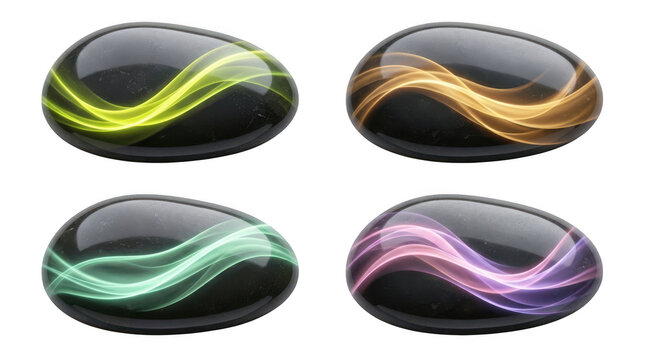 Set of four smooth black stones with glowing abstract colorful light waves isolated on transparent background