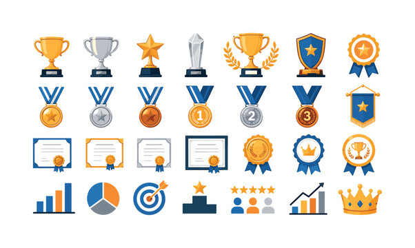 Collection of awards, trophies, medals, and certificates for achievement and recognition
