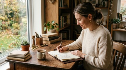 Fototapeta premium Woman writing in journal at wooden desk with books and coffee by window overlooking autumn garden