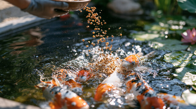 Feeding Time Creates Ripples Around Orange and White Koi