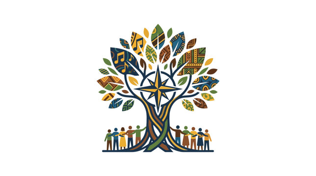 Cultural tree of life with diverse people holding hands in unity