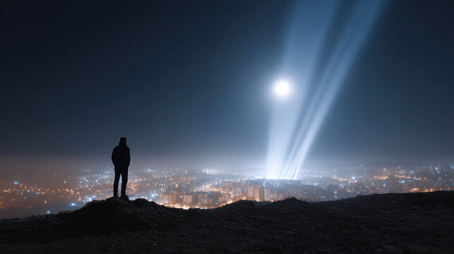A lone figure stands on a hill, gazing at a city illuminated by powerful searchlights under the moonlight. The scene evokes a sense of mystery and wonder
