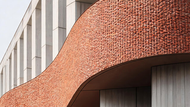 A close-up of a modern building featuring a curved red brick facade paired with smooth concrete elements.