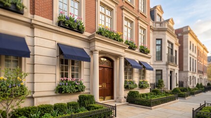 Fototapeta premium Brick and limestone townhouse entrance with flower boxes and blue awnings