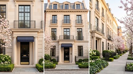 Naklejka premium Three panel limestone townhouse exterior with blossom trees