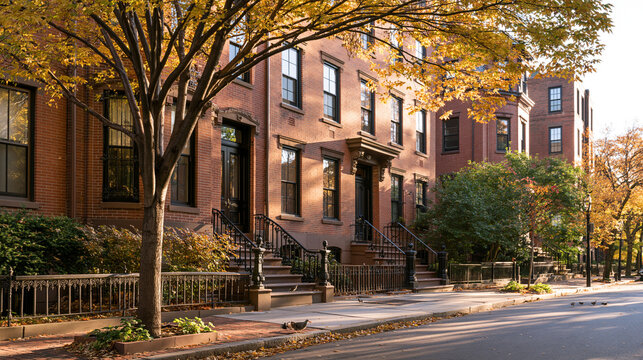 Brownstone Homes Lining a Quiet Street Beneath Autumn Trees