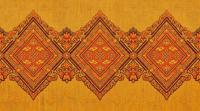 Bhutan patterns featuring large orange and brown diamond shapes on textured yellow background bhutanese himalayan traditional