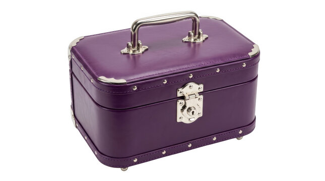 A purple vintagestyle vanity case or makeup train box with a silver handle and lock mechanism, isolated on transparent background