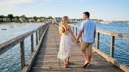 Fototapeta premium Couple walking hand in hand on a wooden pier towards a coastal town with boats in the harbor