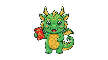 Fototapeta premium Cute Green Dragon Holding Chinese Lucky Red Envelope