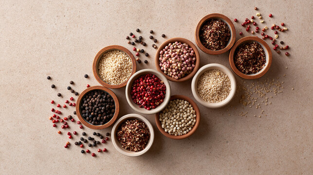 Mixed Dry Food Staples Form a Balanced Overhead Composition