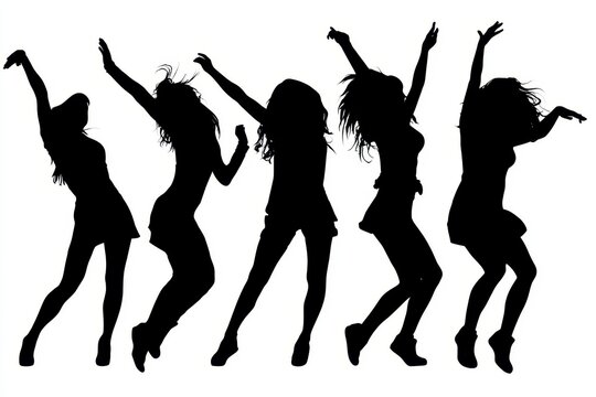 Silhouettes of dancing women isolated on white background