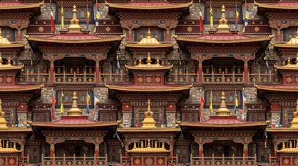 Obraz premium Bhutan patterns showcasing ornate golden temple roofs and multi tiered structures with bhutanese himalayan traditional geometric