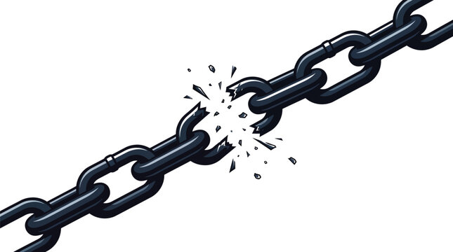 Broken metal chain links featuring dark gray steel texture and sharp shattered fragments isolated on a crisp white artistic background