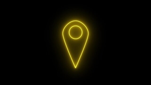 Abstract location glowing neon icon fast tracking map pin icon animation on black background.
