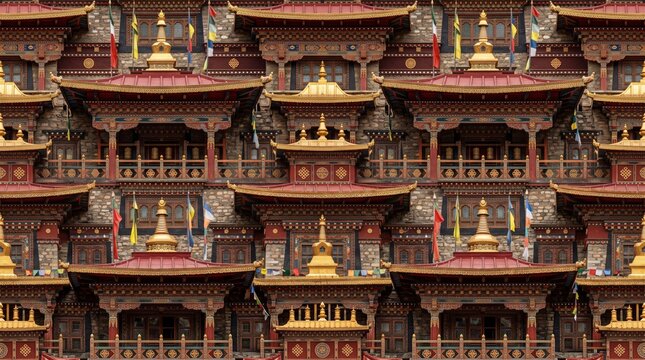 Bhutan patterns showcasing ornate golden temple roofs and multi tiered structures with bhutanese himalayan traditional geometric