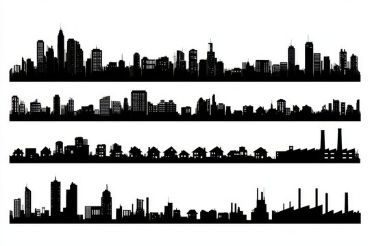 Set of city skylines and urban landscapes silhouettes isolated on white background