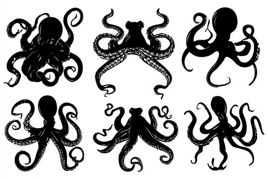 Set of six octopus silhouettes with detailed tentacles isolated on white background