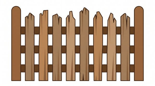 Cartoon illustration of a rustic wooden picket fence with broken tops isolated on white background.