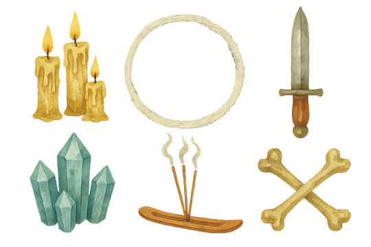 Png watercolor occult ritual items set with candles, crystals, incense, dagger, and bones isolated on transparent background. concept of mystical symbols, magic tools, spiritual decor.