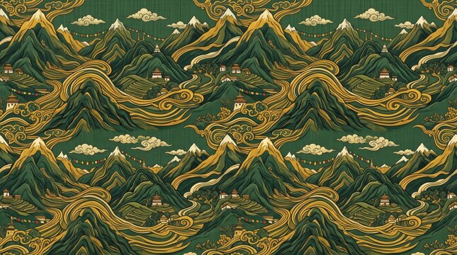 Bhutan patterns presenting dark green rolling mountain ranges with golden traditional artwork details bhutanese himalayan mountain