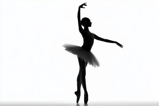 Silhouette of a graceful ballerina dancing isolated on white background