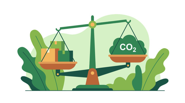 Balance scale illustrating carbon footprint and environmental impact. EPS Editable