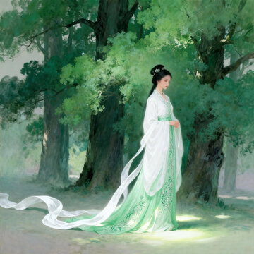 Ancient Beauty In Green Hanfu Forest