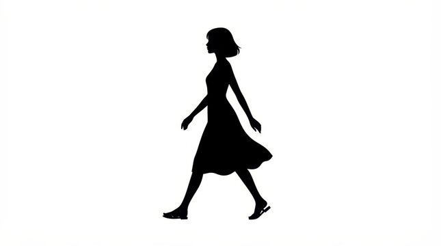 Silhouette of a woman walking in a dress, isolated on white background