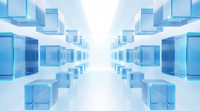 Futuristic corridor of translucent blue glass cubes with bright light, abstract technology background for data, innovation, cloud computing and digital space