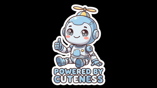 Cute cartoon robot character giving a thumbs up and sitting down, with the text 'Powered by Cuteness' below.
