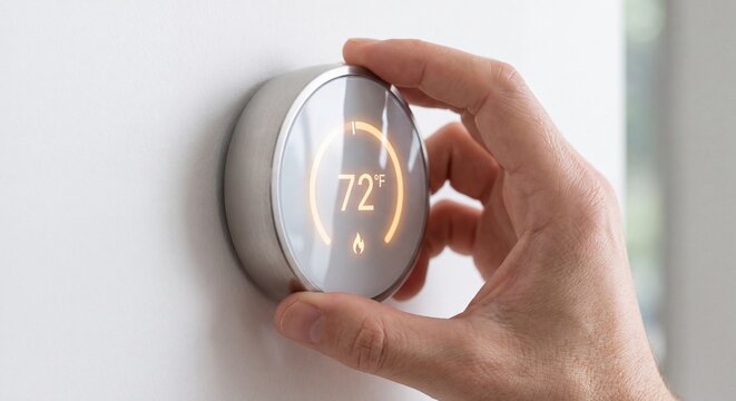 A hand adjusts a modern circular digital thermostat mounted on a plain white wall at home with adjusts temperature settings person adjusts settings round, 8k Resolution