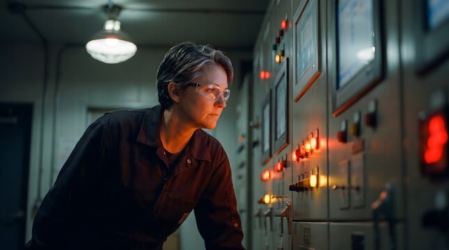 Female engineer inspecting glowing industrial control panel