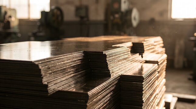 Stacks of flat steel sheet metal in warehouse