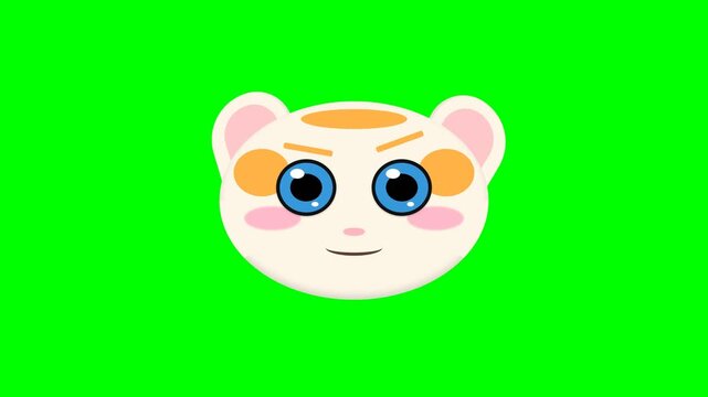 Cute Animated Cat Face Character Expressing Emotions on Green Screen.