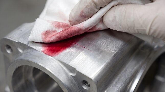 Technician wiping red dye penetrant off metal casing crack