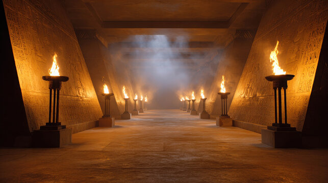 A long, dark corridor illuminated by a series of torches. The stone walls are rough and ancient, suggesting a tomb or an underground passage. The flickering flames cast an eerie glow.