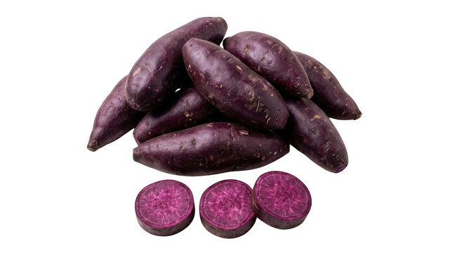 A pile of raw purple sweet potatoes with three sliced pieces in the foreground, isolated on transparent background
