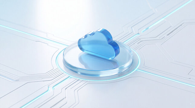 Blue cloud computing icon on glowing circuit board platform, futuristic data storage network concept with clean white technology background design