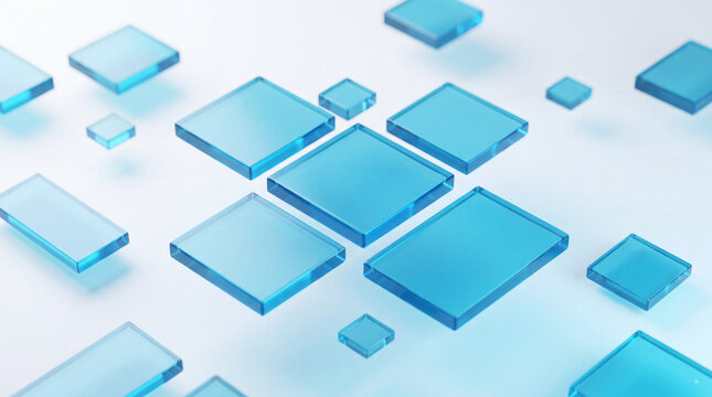 Abstract blue glass squares floating on a clean white background, futuristic geometric tiles for technology, innovation, digital interface design