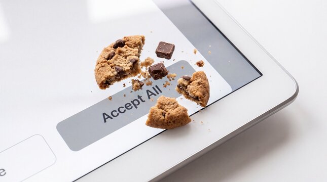 Broken chocolate chip cookie pieces resting on a digital tablet screen showing an accept all button with displaying web interface sits surface digital crumbled chocolate